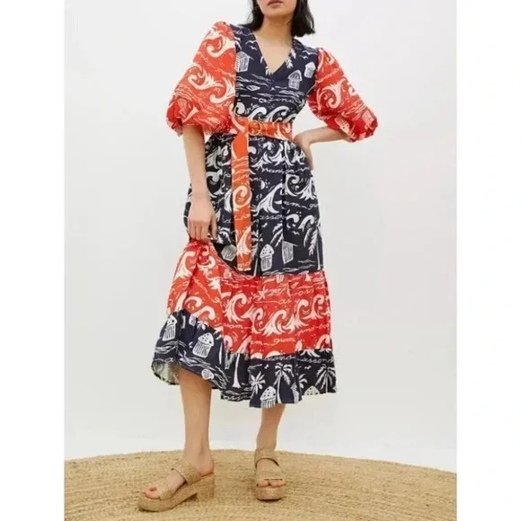 Anthropologie Place Nationale Linen Puff Sleeve Printed Midi Dress Red Small